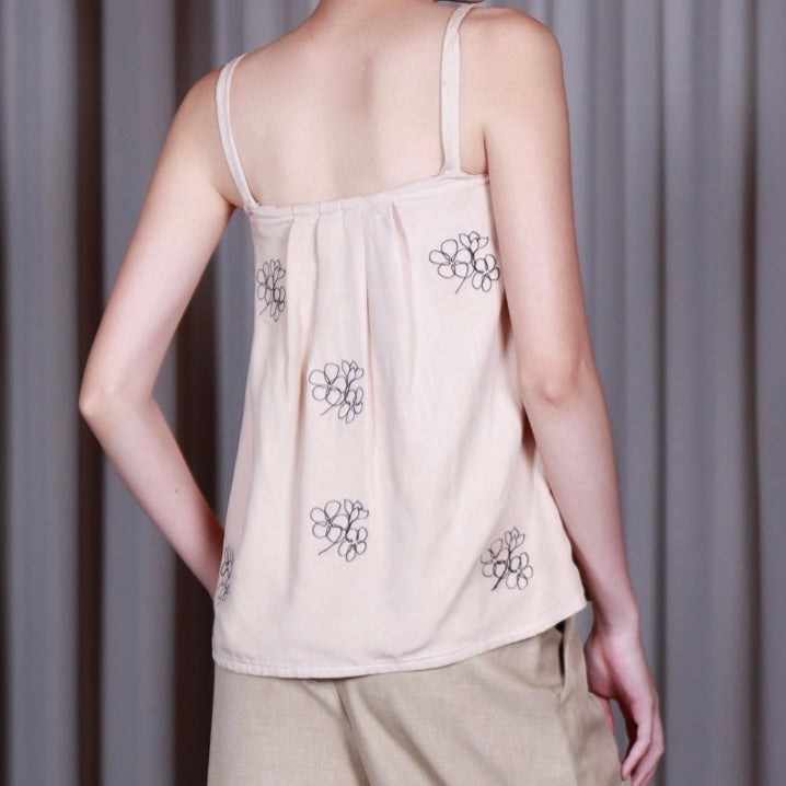 Sleeveless Top with Frangipani Embroidery