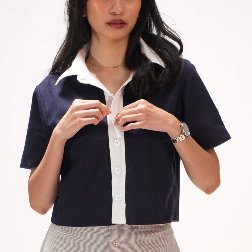Reversible Short-Sleeve Cropped Button-up
