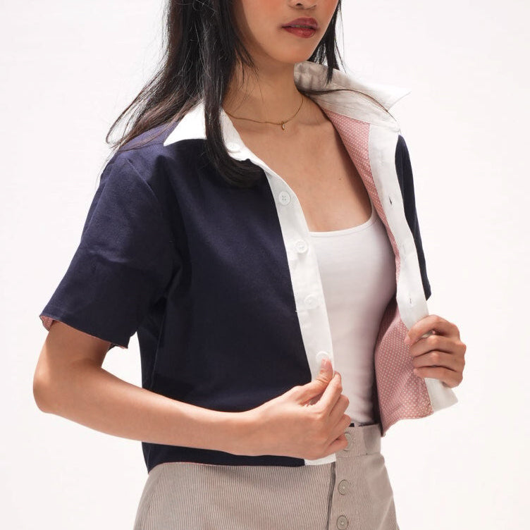 Reversible Short-Sleeve Cropped Button-up