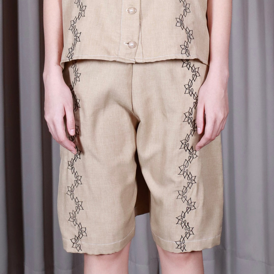 Boat Shorts with Frangipani Embroidery