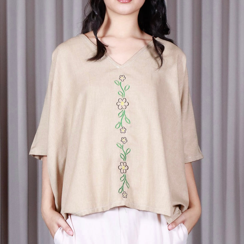 V-Neck Top with Frangipani Embroidery