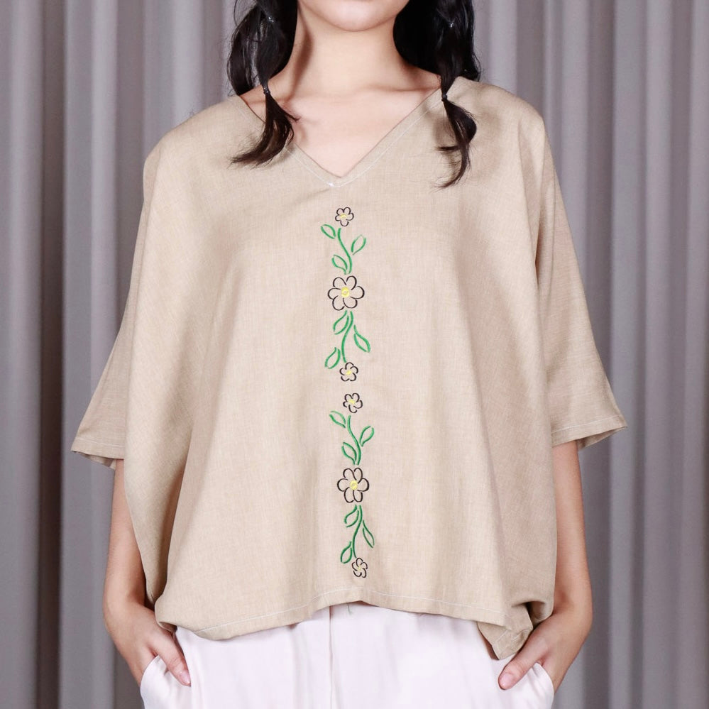 V-Neck Top with Frangipani Embroidery