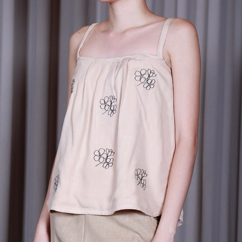 Sleeveless Top with Frangipani Embroidery